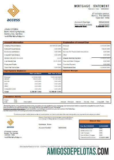 Extrato de hipoteca do banco de acesso da Gâmbia Scr amostra